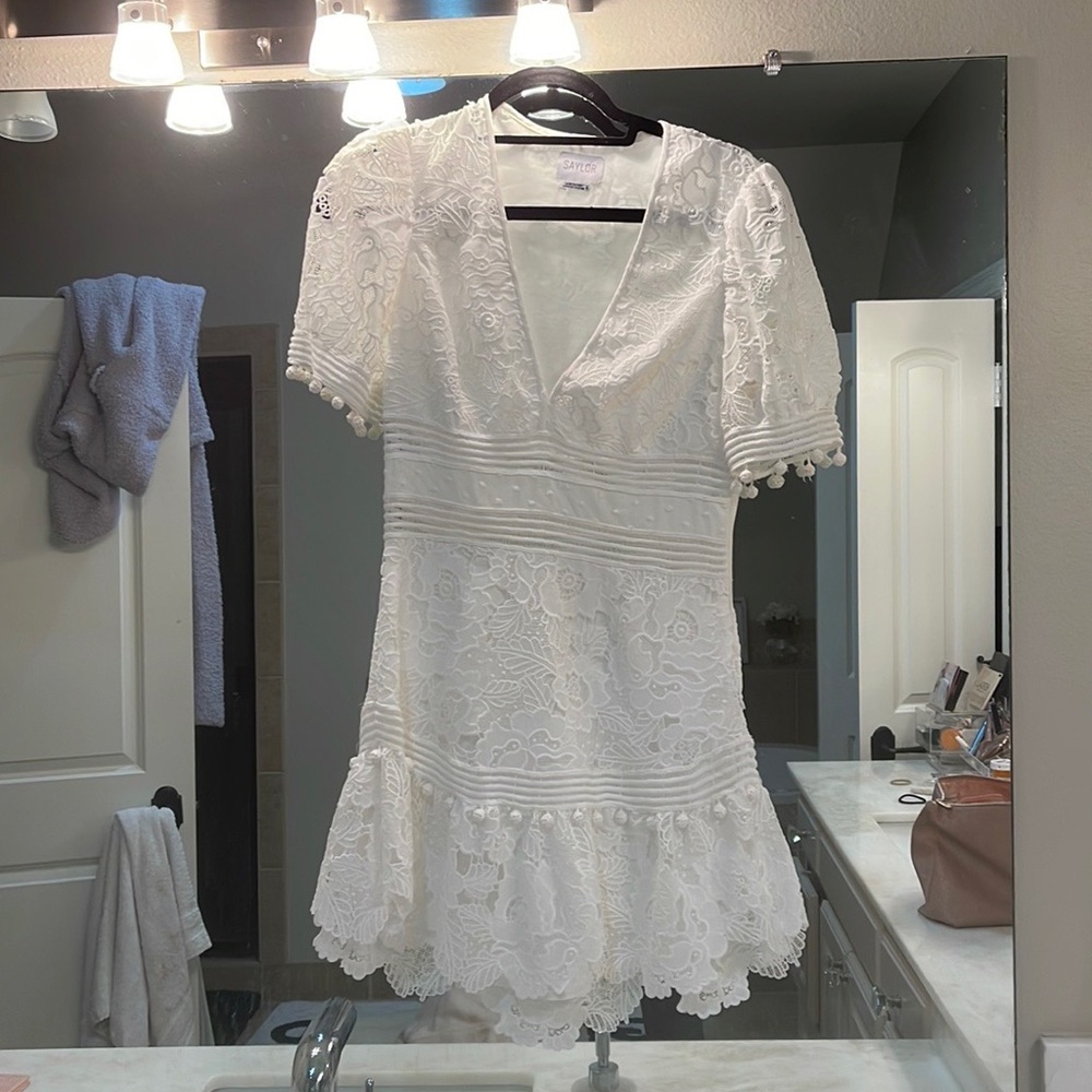 Saylor White Lace Deep V Dress